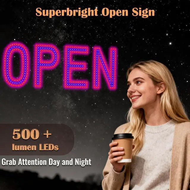 Alt view image 2 of 7 - LED Open Signs for Business, 30"x10" Large Ultra Bright Open Sign with Remote Control, Dimmable Business Open Sign for Store Shop Storefront Window Door Wall- Red&Blue
