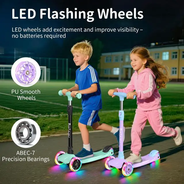 Alt view image 2 of 7 - Scooters for Kids 3 Wheel Kick Scooter for Toddlers Girls Boys, 4 Adjustable Height, Lean to Steer, Light up Wheels, Extra-Wide Deck, Easy to Assemble for Children Ages 3-12