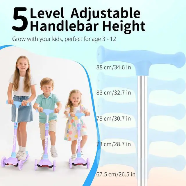 Alt view image 3 of 7 - Scooters for Kids 3 Wheel Kick Scooter for Toddlers Girls Boys, 4 Adjustable Height, Lean to Steer, Light up Wheels, Extra-Wide Deck, Easy to Assemble for Children Ages 3-12
