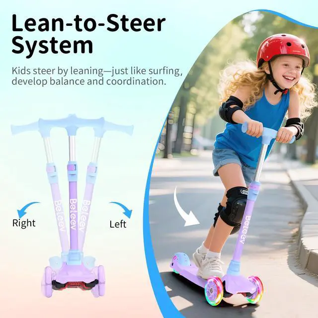 Alt view image 4 of 7 - Scooters for Kids 3 Wheel Kick Scooter for Toddlers Girls Boys, 4 Adjustable Height, Lean to Steer, Light up Wheels, Extra-Wide Deck, Easy to Assemble for Children Ages 3-12