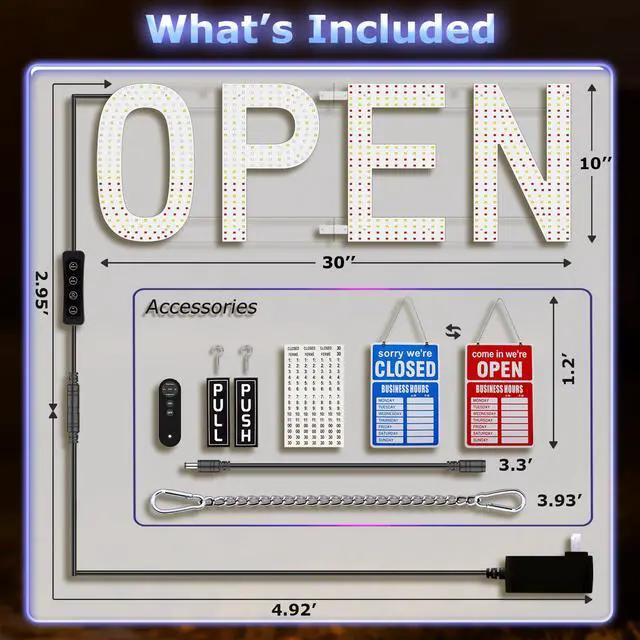 Alt view image 5 of 7 - LED Open Signs for Business, 30"x10" Large Bright Open Sign with Remote and 12 Scene Modes, Light Dimmable Business Open Sign for Window Store Shop Storefront Bar Cafes - US Flag