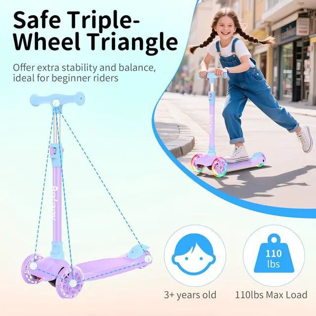 Alt view image 5 of 7 - Scooters for Kids 3 Wheel Kick Scooter for Toddlers Girls Boys, 4 Adjustable Height, Lean to Steer, Light up Wheels, Extra-Wide Deck, Easy to Assemble for Children Ages 3-12