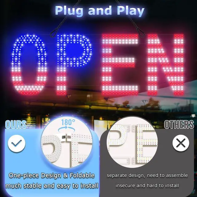 Alt view image 4 of 7 - LED Open Signs for Business, 30"x10" Large Bright Open Sign with Remote and 12 Scene Modes, Light Dimmable Business Open Sign for Window Store Shop Storefront Bar Cafes - US Flag