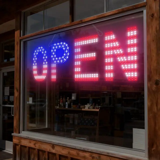 Alt view image 7 of 7 - LED Open Signs for Business, 30"x10" Large Bright Open Sign with Remote and 12 Scene Modes, Light Dimmable Business Open Sign for Window Store Shop Storefront Bar Cafes - US Flag