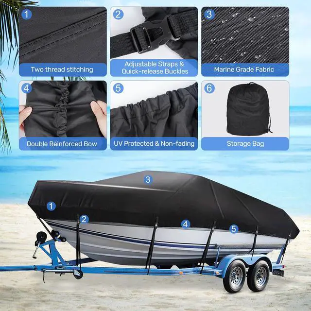Alt view image 3 of 7 - Boat Cover, Heavy Duty 17-19ft Waterproof Trailerable Boat Cover | UV Resistant Marine Grade Outboard Cover Compatible for Bass Boat, Fits Bayliner Tri-Hull V-Hull Fishing Runabout Boat, Black