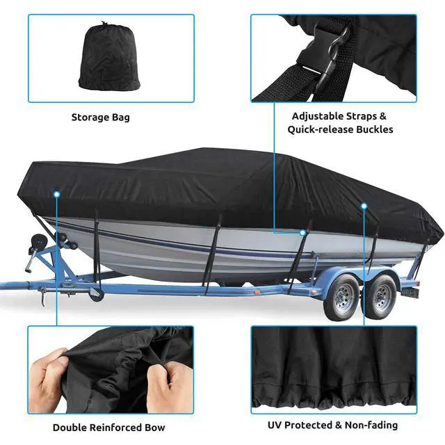 Alt view image 4 of 7 - Boat Cover, Heavy Duty 17-19ft Waterproof Trailerable Boat Cover | UV Resistant Marine Grade Outboard Cover Compatible for Bass Boat, Fits Bayliner Tri-Hull V-Hull Fishing Runabout Boat, Black