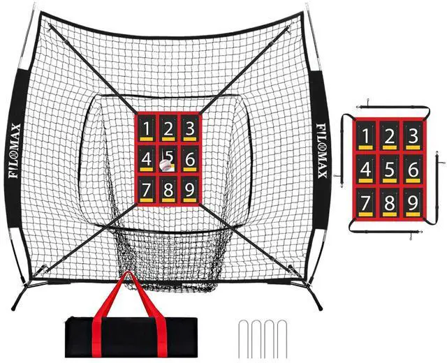 Main image of 7x7 ft Baseball & Softball Practice Net with 9 Numbered Strike Zone | PRO Training Net for Hitting, Pitching & Batting | with Carry Bag, Bow Frame for All Ages & Skills