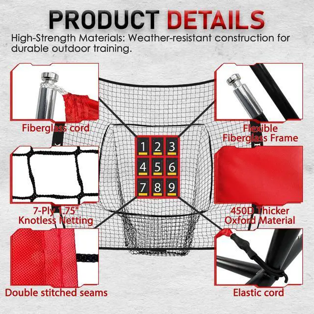 Alt view image 4 of 7 - 7x7 ft Baseball & Softball Practice Net with 9 Numbered Strike Zone | PRO Training Net for Hitting, Pitching & Batting | with Carry Bag, Bow Frame for All Ages & Skills