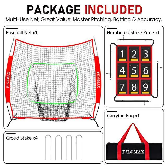 Alt view image 2 of 7 - 7x7 ft Baseball & Softball Practice Net with 9 Numbered Strike Zone | PRO Training Net for Hitting, Pitching & Batting | with Carry Bag, Bow Frame for All Ages & Skills