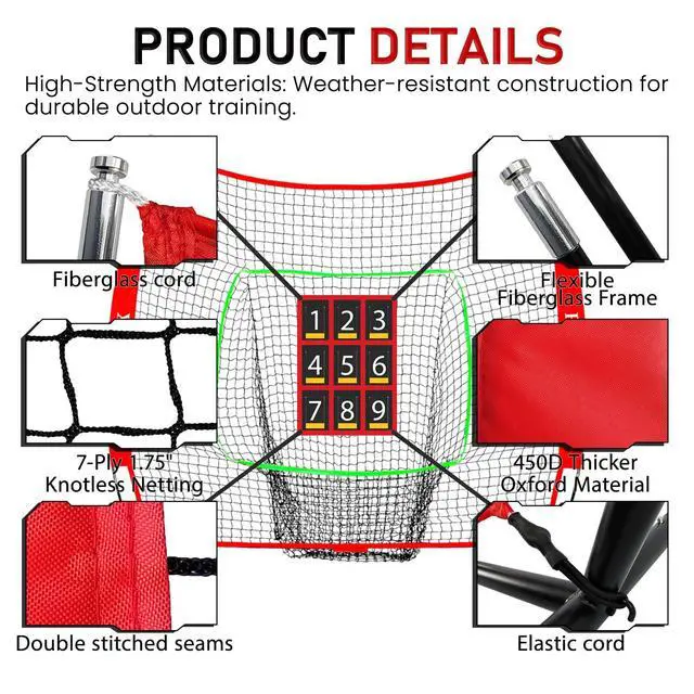 Alt view image 3 of 7 - 7x7 ft Baseball & Softball Practice Net with 9 Numbered Strike Zone | PRO Training Net for Hitting, Pitching & Batting | with Carry Bag, Bow Frame for All Ages & Skills