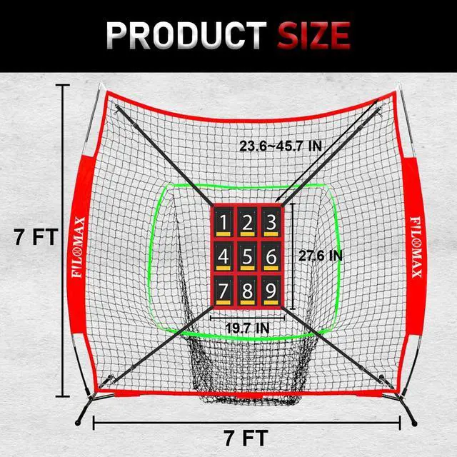 Alt view image 4 of 7 - 7x7 ft Baseball & Softball Practice Net with 9 Numbered Strike Zone | PRO Training Net for Hitting, Pitching & Batting | with Carry Bag, Bow Frame for All Ages & Skills
