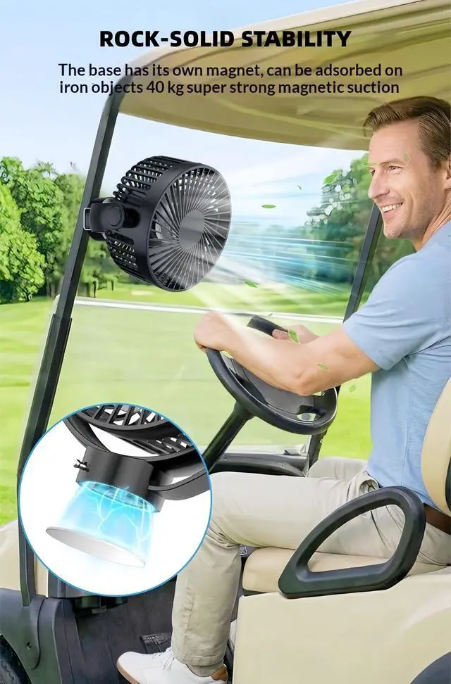 Alt view image 2 of 7 - Magnetic Golf Cart Fan with Heavy-Duty Strap, 12000mAH Battery Operated Portable Fan with 3 Speeds, LED, Timer, Magnet, Suitable for EZGO Club Car Yamaha, Golf Cart & Camping Accessories 2026