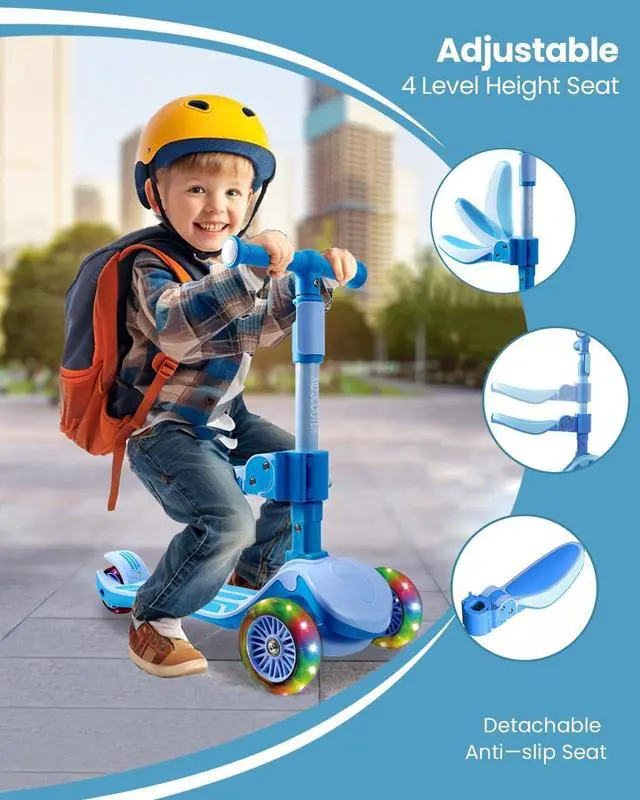Alt view image 2 of 7 - 2-in-1 Adjustable Kick Scooter for Kids 3-5 (Suitable 3-12 Years),5-Level Handlebar & Removable Seat, LED Light-Up Wheels, Wide Deck, Foldable Design for Indoor/Outdoor Use - Girls & Boys