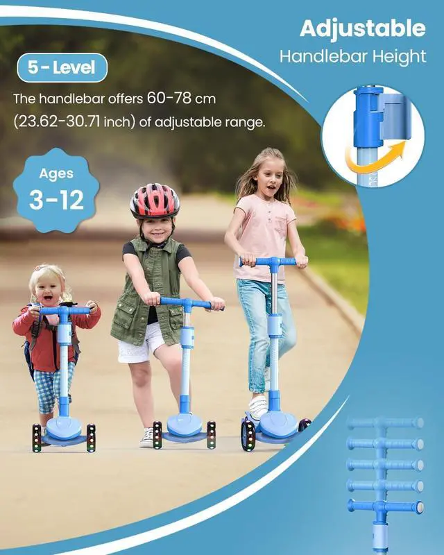 Alt view image 3 of 7 - 2-in-1 Adjustable Kick Scooter for Kids 3-5 (Suitable 3-12 Years),5-Level Handlebar & Removable Seat, LED Light-Up Wheels, Wide Deck, Foldable Design for Indoor/Outdoor Use - Girls & Boys