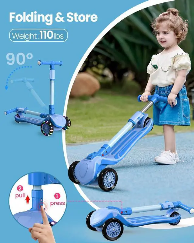 Alt view image 6 of 7 - 2-in-1 Adjustable Kick Scooter for Kids 3-5 (Suitable 3-12 Years),5-Level Handlebar & Removable Seat, LED Light-Up Wheels, Wide Deck, Foldable Design for Indoor/Outdoor Use - Girls & Boys