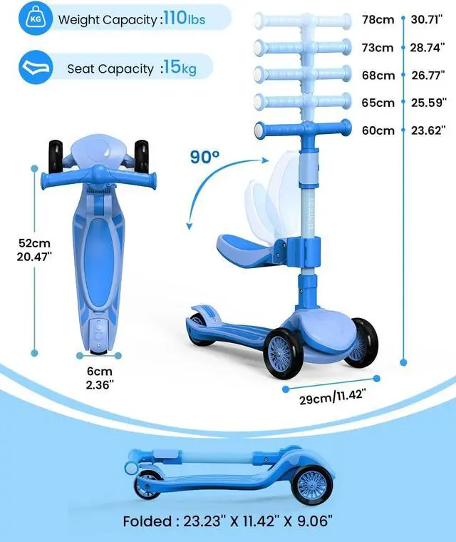 Alt view image 7 of 7 - 2-in-1 Adjustable Kick Scooter for Kids 3-5 (Suitable 3-12 Years),5-Level Handlebar & Removable Seat, LED Light-Up Wheels, Wide Deck, Foldable Design for Indoor/Outdoor Use - Girls & Boys