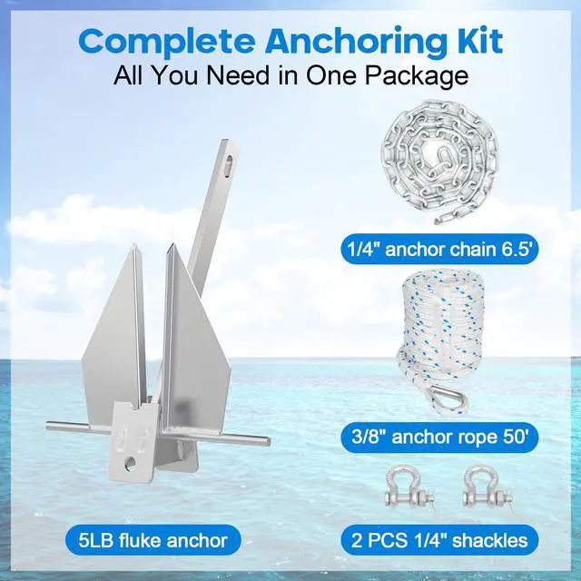 Alt view image 3 of 7 - Galvanized Fluke Anchor Kit Includes Anchor Chain, Rope and Shackles, for Pontoons, Dinghies, Fishing Boats, Bass Boats, Sport Boats, Sport Yachts, 5/8/10/13 lb Boat Anchor Kit
