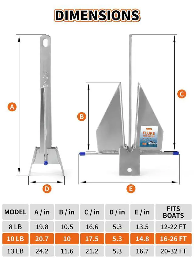 Alt view image 2 of 6 - 8/10/13 LB Fluke Anchor Kit with 100 FT Nylon Rope, Chain and Shackles, Danforth Anchor for Pontoon, Dinghies, Fishing and Bass Boats 12-32 FT