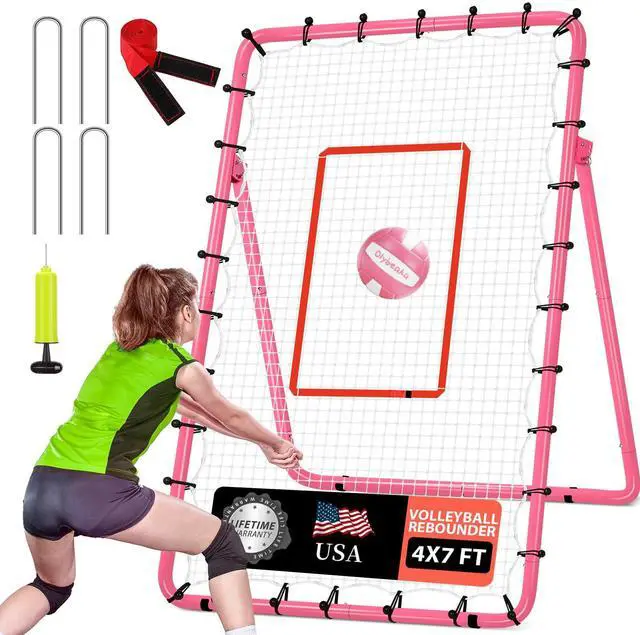 Main image of 6-Angle Adjustable Volleyball Rebounder Net 7x4 ft with PU Volleyball and Stakes - Bounce Back Training Equipment for Practicing Volleying, Bumping, Spiking, Easy Set Up & Steady for Multi Sports