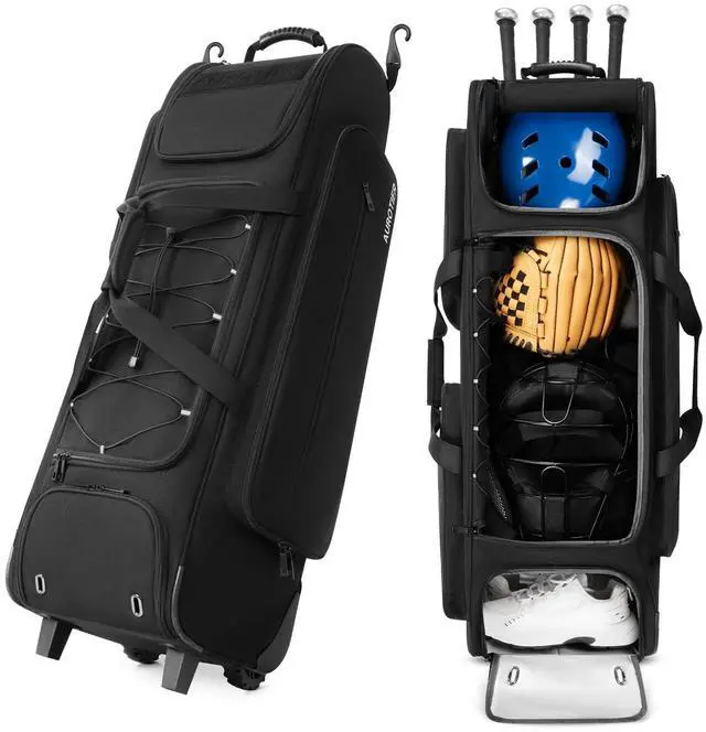 Main image of Large Rolling Baseball Catchers Gear Bag with Wheels, Wheeled Softball Bag for 4 Bats with Fence Hooks Waterproof Pocket Shoe Compartment for T-Ball Adult, Baseball Equipment Duffle Bag