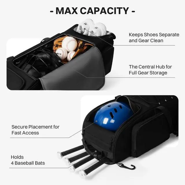 Alt view image 2 of 7 - Large Rolling Baseball Catchers Gear Bag with Wheels, Wheeled Softball Bag for 4 Bats with Fence Hooks Waterproof Pocket Shoe Compartment for T-Ball Adult, Baseball Equipment Duffle Bag