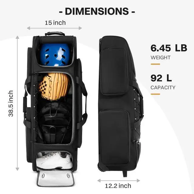 Alt view image 7 of 7 - Large Rolling Baseball Catchers Gear Bag with Wheels, Wheeled Softball Bag for 4 Bats with Fence Hooks Waterproof Pocket Shoe Compartment for T-Ball Adult, Baseball Equipment Duffle Bag