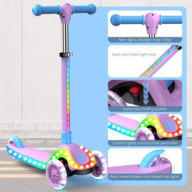 Alt view image 6 of 7 - 2-in-1 Adjustable Kick Scooter for Kids 3-5 (Suitable 3-12 Years),5-Level Handlebar & Removable Seat, LED Light-Up Wheels, Wide Deck, Foldable Design for Indoor/Outdoor Use - Girls & Boys