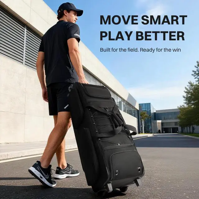 Alt view image 5 of 7 - Large Rolling Baseball Catchers Gear Bag with Wheels, Wheeled Softball Bag for 4 Bats with Fence Hooks Waterproof Pocket Shoe Compartment for T-Ball Adult, Baseball Equipment Duffle Bag