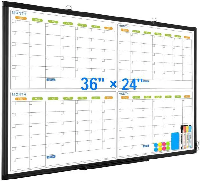 Main image of White Board Calendar 36 x 24, 4 Month Wall Whiteboard Dry Erase | Magnetic Whiteboard Calendar Planner, Black Aluminum Frame Dry Erase Board for Office Home and School