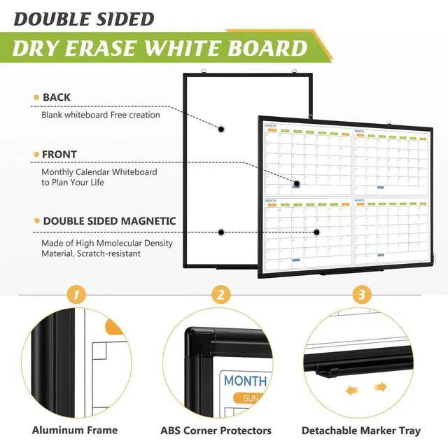 Alt view image 3 of 6 - White Board Calendar 36 x 24, 4 Month Wall Whiteboard Dry Erase | Magnetic Whiteboard Calendar Planner, Black Aluminum Frame Dry Erase Board for Office Home and School