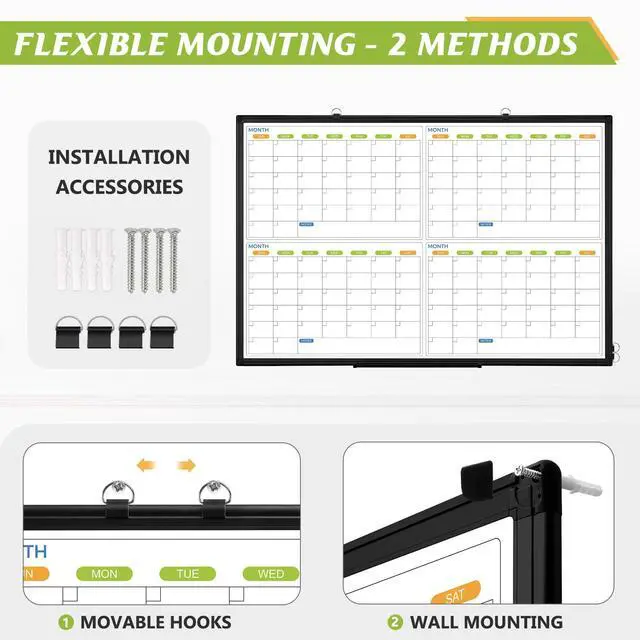 Alt view image 4 of 6 - White Board Calendar 36 x 24, 4 Month Wall Whiteboard Dry Erase | Magnetic Whiteboard Calendar Planner, Black Aluminum Frame Dry Erase Board for Office Home and School