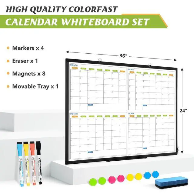 Alt view image 5 of 6 - White Board Calendar 36 x 24, 4 Month Wall Whiteboard Dry Erase | Magnetic Whiteboard Calendar Planner, Black Aluminum Frame Dry Erase Board for Office Home and School