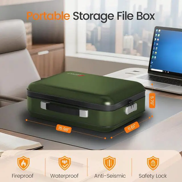 Alt view image 2 of 7 - Fireproof Document Box with Lock, 5200°F Fireproof Water Resistant Hard Case File Organizer Safe Box for Important Documents, Certificates, Laptop, Passports (Green)