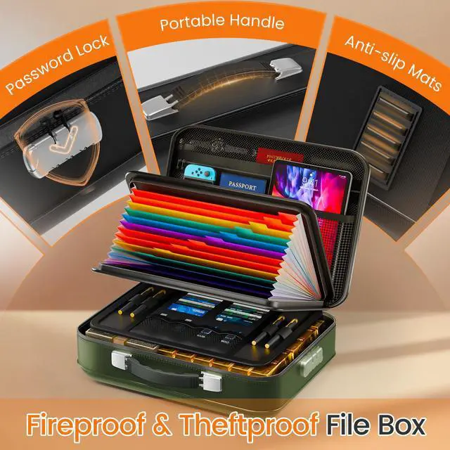 Alt view image 4 of 7 - Fireproof Document Box with Lock, 5200°F Fireproof Water Resistant Hard Case File Organizer Safe Box for Important Documents, Certificates, Laptop, Passports (Green)