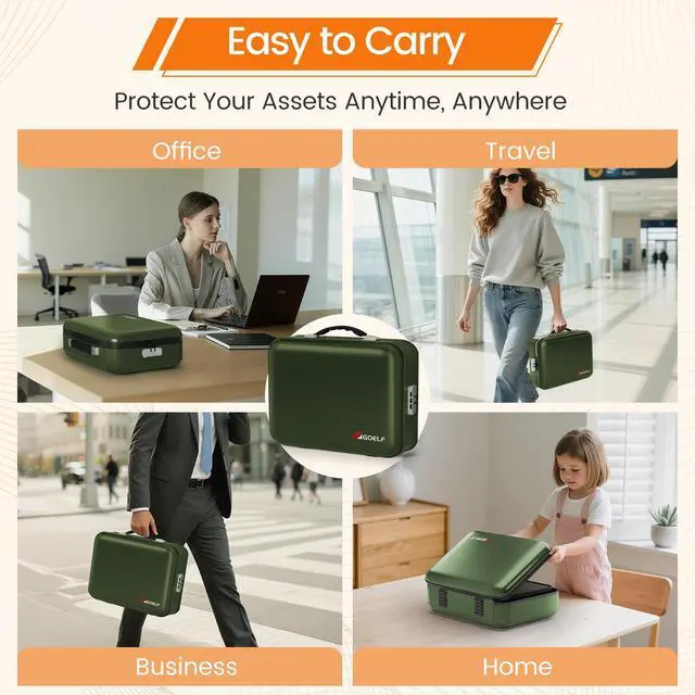 Alt view image 7 of 7 - Fireproof Document Box with Lock, 5200°F Fireproof Water Resistant Hard Case File Organizer Safe Box for Important Documents, Certificates, Laptop, Passports (Green)