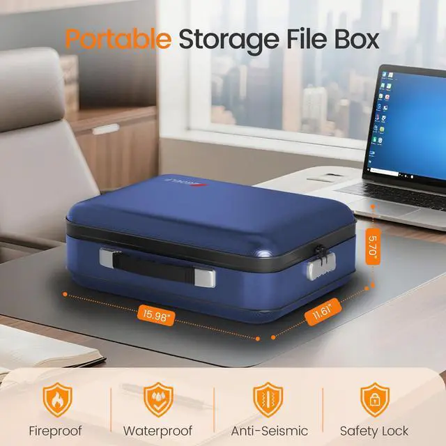 Alt view image 2 of 7 - Fireproof Document Box with Lock, 5200°F Fireproof Water Resistant Hard Case File Organizer Safe Box for Important Documents, Certificates, Laptop, Passports (Blue)