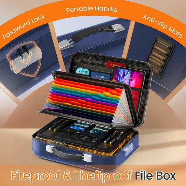 Alt view image 4 of 7 - Fireproof Document Box with Lock, 5200°F Fireproof Water Resistant Hard Case File Organizer Safe Box for Important Documents, Certificates, Laptop, Passports (Blue)