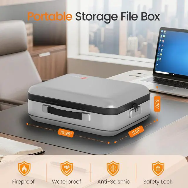 Alt view image 2 of 7 - Fireproof Document Box with Lock, 5200°F Fireproof Water Resistant Hard Case File Organizer Safe Box for Important Documents, Certificates, Laptop, Passports (Sliver)