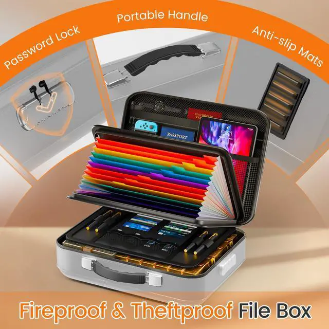 Alt view image 4 of 7 - Fireproof Document Box with Lock, 5200°F Fireproof Water Resistant Hard Case File Organizer Safe Box for Important Documents, Certificates, Laptop, Passports (Sliver)