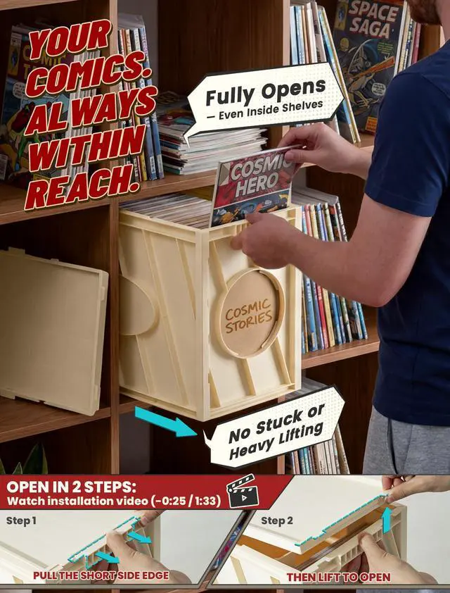 Alt view image 5 of 6 - Comic Book Storage Box, Holds Up to 150 Comics (Warm White) | 2PCS, Acid Free Plastic Book Bin with 2 Adjustable Dividers