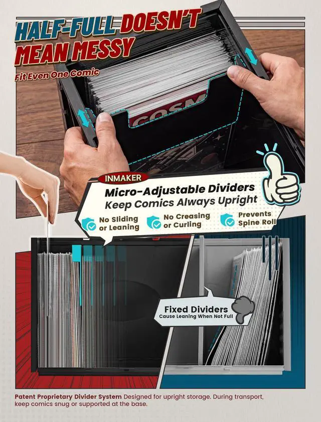 Alt view image 2 of 6 - Comic Book Storage Box, Holds Up to 150 Comics (Matte Black) | 2PCS, Acid Free Plastic Book Bin with 2 Adjustable Dividers
