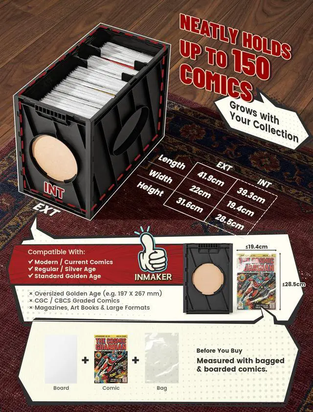Alt view image 4 of 6 - Comic Book Storage Box, Holds Up to 150 Comics (Matte Black) | 2PCS, Acid Free Plastic Book Bin with 2 Adjustable Dividers