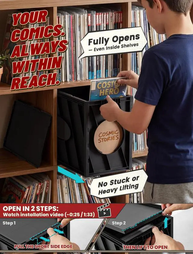 Alt view image 5 of 6 - Comic Book Storage Box, Holds Up to 150 Comics (Matte Black) | 2PCS, Acid Free Plastic Book Bin with 2 Adjustable Dividers