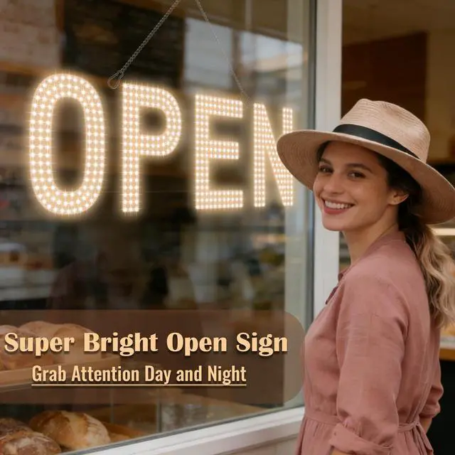 Alt view image 2 of 7 - Open Signs for Business, 30"x10" Big & Bright Open Sign with Remote Control Dimmable, Window Sign for Cafe Bar Retail Store - Warm White
