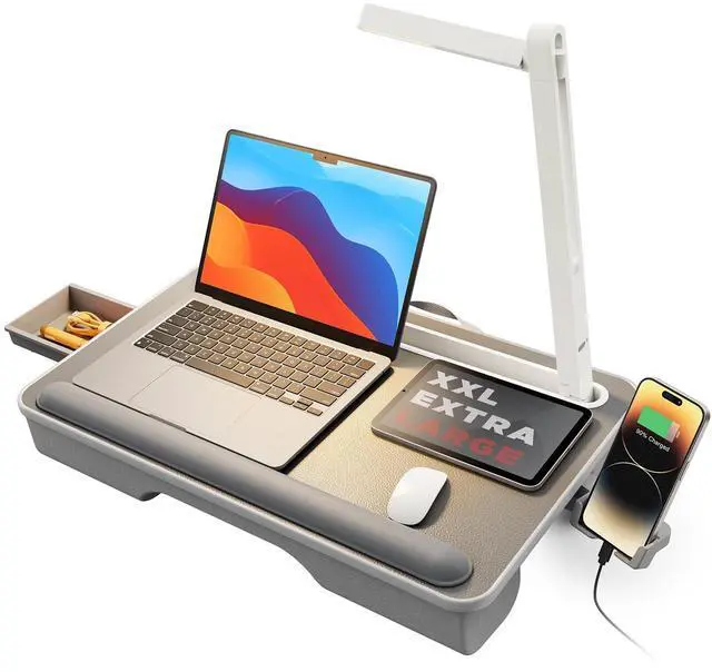 Main image of Lap Desk with LED Light, Portable Laptop Tray with Cushion | Fits Up to 17" Laptops & MacBook, Lap Desks for Writing and Working, Leather Top, with Drawer, Wrist Rest and Phone Holder