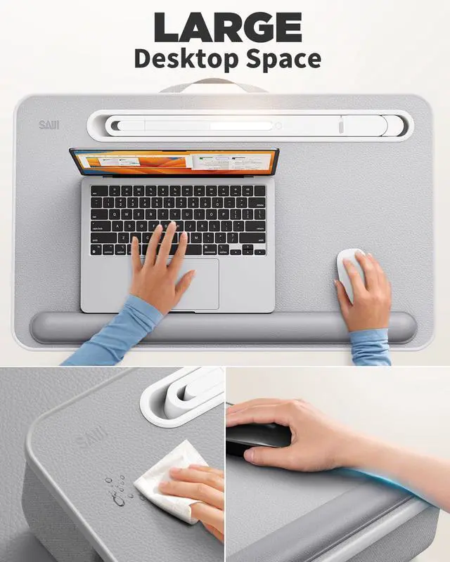 Alt view image 2 of 7 - Lap Desk with LED Light, Portable Laptop Tray with Cushion | Fits Up to 17" Laptops & MacBook, Lap Desks for Writing and Working, Leather Top, with Drawer, Wrist Rest and Phone Holder