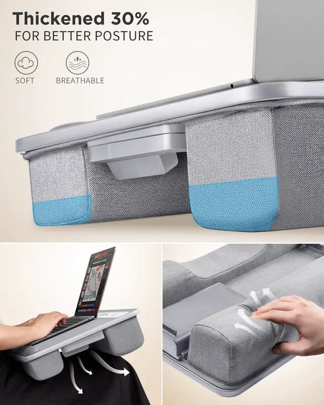 Alt view image 6 of 7 - Lap Desk with LED Light, Portable Laptop Tray with Cushion | Fits Up to 17" Laptops & MacBook, Lap Desks for Writing and Working, Leather Top, with Drawer, Wrist Rest and Phone Holder