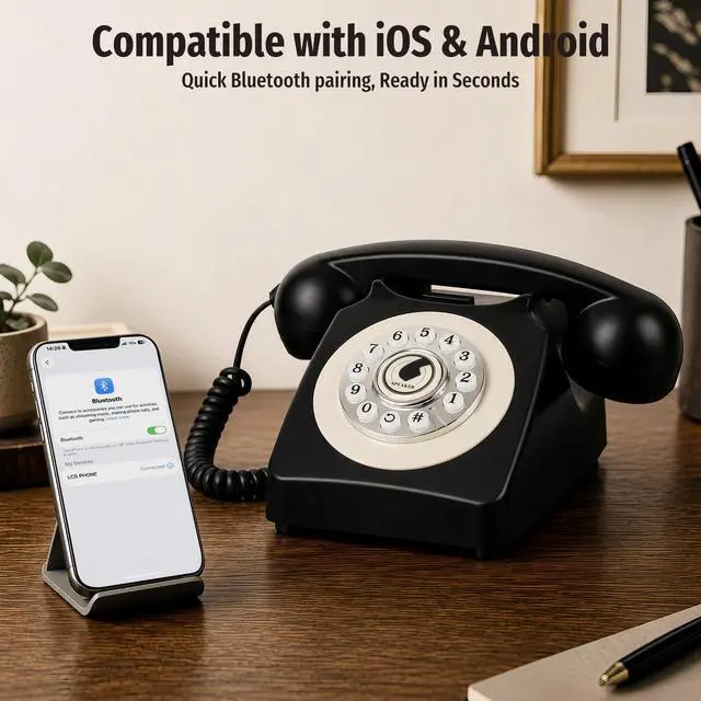 Alt view image 2 of 7 - Bluetooth Landline Phone with Handset and Speakerphone, Retro Bluetooth Home Phone, Classic Bluetooth Desk Phone, Cordless Bluetooth Telephone with USB Rechargeable