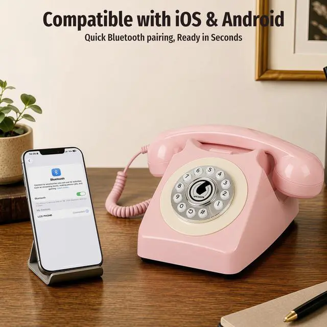 Alt view image 2 of 7 - Bluetooth Landline Phone with Handset and Speakerphone, Retro Bluetooth Home Phone, Classic Bluetooth Desk Phone, Cordless Bluetooth Telephone with USB Rechargeable