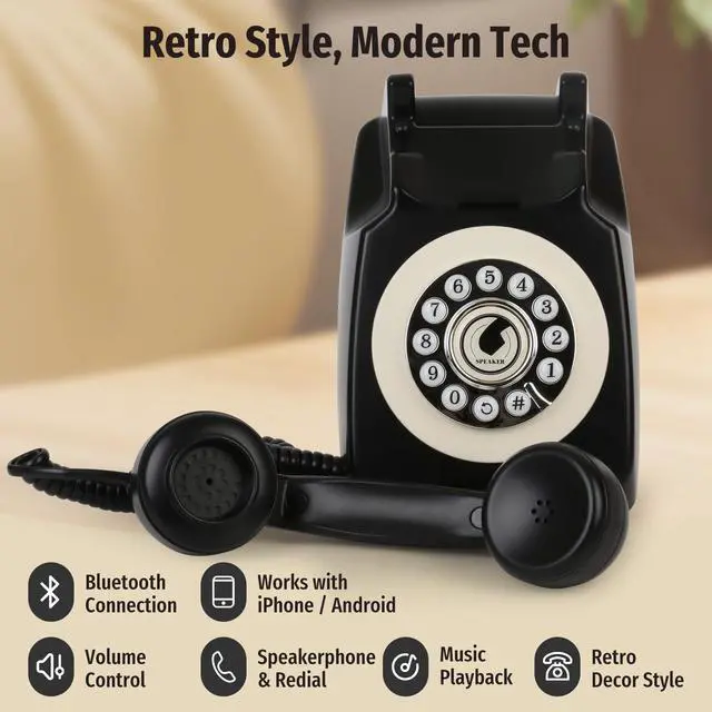 Alt view image 6 of 7 - Bluetooth Landline Phone with Handset and Speakerphone, Retro Bluetooth Home Phone, Classic Bluetooth Desk Phone, Cordless Bluetooth Telephone with USB Rechargeable